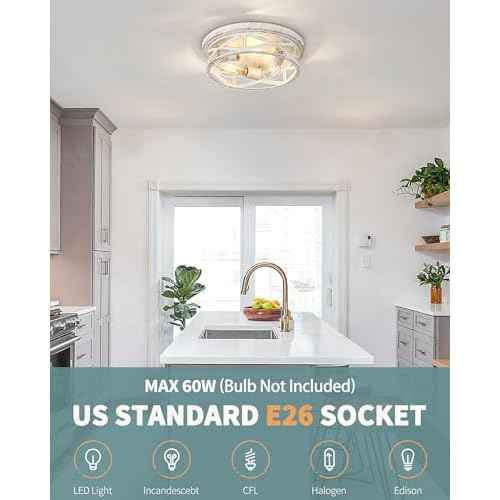 2 Pack Close to Ceiling Light Fixtures, 3-Lights Cage Flush Mount Ceiling Light, 13 Inch White and Gold Semi Flush Mount Ceiling Light for House Bedroom Laundry Hallway Kitchen