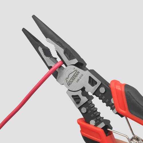 Needle Nose Pliers, HOUSERAN Long Needle Nose Pliers with Wire Stripper and Crimper, 8.3 Inch Long Nose Pliers, Spring Loaded with Safety Lock, 5-in-1 Needle Nose for Bending, Crimping, Stripping