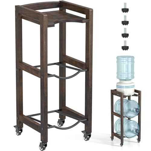 3-Tier 5 Gallon Water Jug Holder with Top Shelf ? 4 Metal Wheels or Adjustable Feet ? Natural Hardwood Water Dispenser Floor Stand ? Wooden Organizer for Kitchen, Office, Garage ? Space-Saving Design