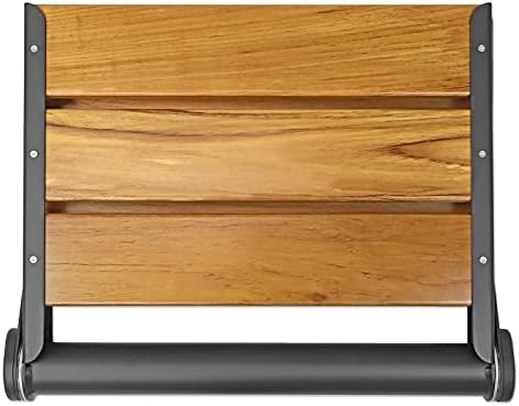 Home Aesthetics 18" ADA Compliant Wall-Mounted Folding Serena Teak Wood Shower Bench Seat with Matte Black Frame, Clear Coated for Extra Protection