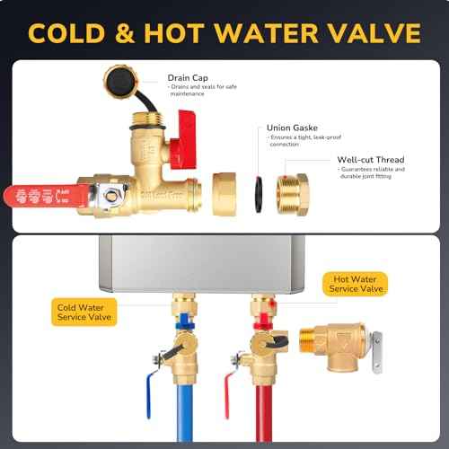 Tankless Water Heater Service Valve Kit, 3/4 Inch IPS Isolator Set with Pressure Relief Valve, Hot & Cold Shut-Off Valves, Lead-Free Premium Brass, Compatible with Rheem, Rinnai, Navien