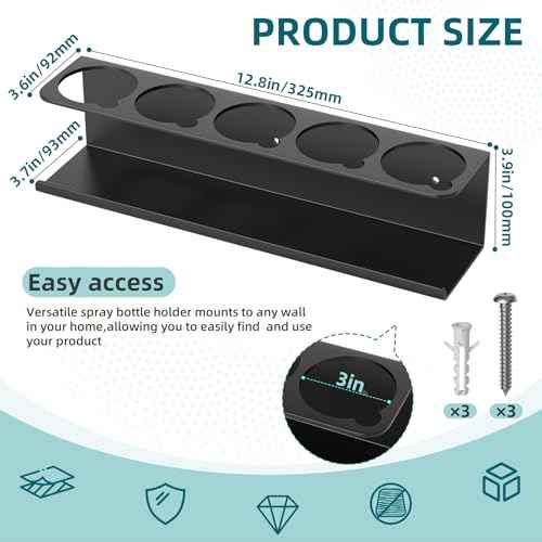 2 Pack 5 All-Purpose Spray Bottle Holder Wall Mount | Heavy-Duty Powder Coated Steel Spray Bottle Storage Rack for Garage Home Workspace | Detailing Bottle Holder (Black)