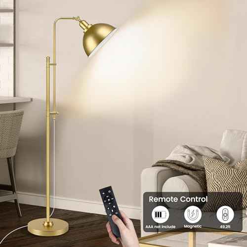 PARTPHONER Industrial Floor Lamp Adjustable, Rustic Farmhouse Reading Lamp in Aged Gold Finish, Modern Standing Lamp with Remote Control Metal Shade for Living Room Bedroom Study Room Office Hotel