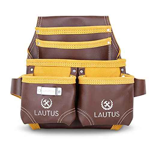 LAUTUS Oil Tanned Leather Tool Nail Pouch Bag |Cherry | Carpenter, Construction, Framers, Handyman | 5 Pockets, 2 Snap Loops | 100% Leather