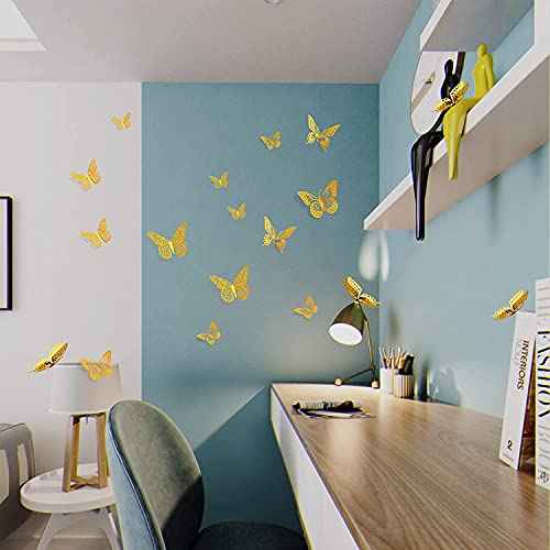 36Pcs 3D Gold Butterfly Wall Stickers, 3 Sizes Butterfly Decoration, Removable Wall Decals Room Decor for Bedroom Nursery Classroom Party Wedding Cake Decor Paint, Wall Treatments and Supplies