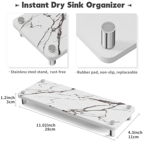 Kitchen Sink Caddy Water Absorbing Stone Tray For Sink, Diatomite Bathroom Countertop Tray Organizer, Faucet Stone Drying Mat Coaster Soap Dish Sponge Dispenser Holder (Marble)