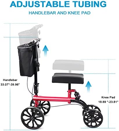 Steerable Knee Walker with Double Handbrake and Height Adjustment Handgrip for Foot Injuries Compact Crutches Alternative, Supports up to 300 lbs (Red)