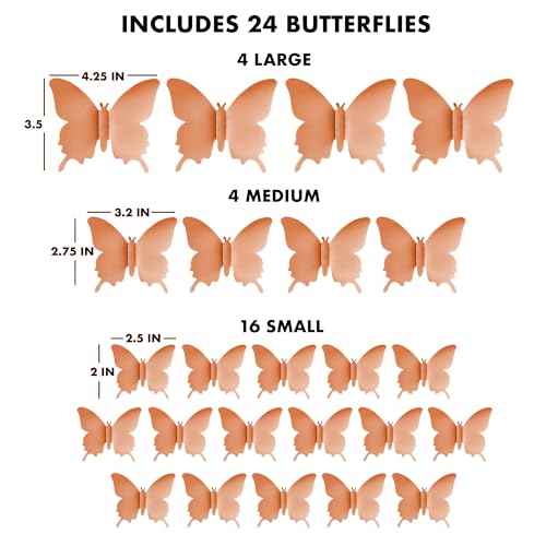 Butterfly Wall Decal Room Decor, Rose Gold Butterfly Wall Decor 24 pcs, Party Decor, Wedding Decoration, Aesthetic Butterflies Stickers for Bedroom