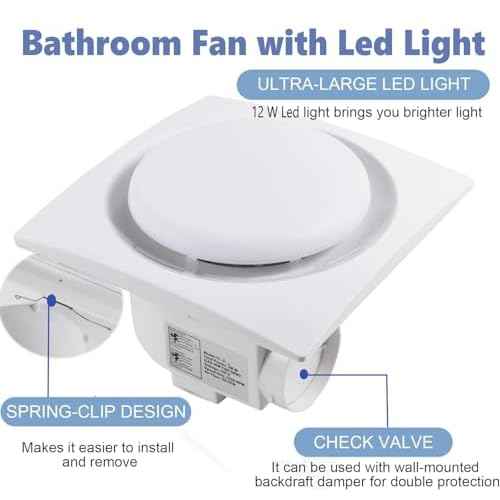 Bathroom Exhaust Fan with LED Light Ceiling Mount Ventilation Fan 90 CFM 1.0 Sones 4 Inch Duct Quiet Bathroom Vent Fan with Light Combo 5000K for Home Bath Office Hotel White (8Inches-Round)