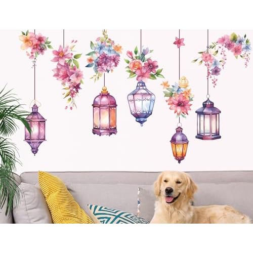 Hanging Flower Vine Wall Stickers Floral and Lamp Peel and Stick Wall Art Decals Flower Vine Wall Decor for Living Room Bedroom TV Background Spring Party Decoration