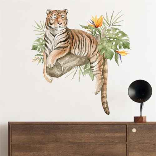 Lazy Tiger Tropical Greenery Wall Stickers, sacinora Wild Jungle Animal Wall Decals Removable Vinyl Peel and Stick for Living Room Bedroom Nursery Kids Room Art Decorations