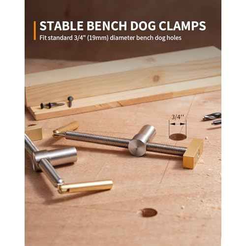 DAYDOOR Bench Dog Clamp, 3/4'' Dog Hole Clamp for Woodworking, Upgraded Adjustable Workbench Stop with Brass Handle (19mm, 2 Pack)