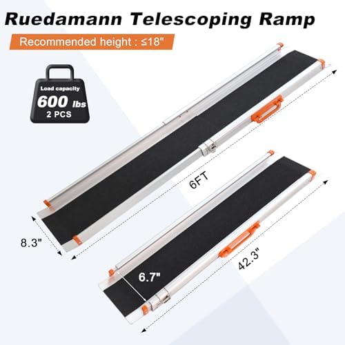 Ruedamann Portable Wheelchair Ramp, 6FT Adjustable Aluminum Ramp for Home, 600lbs Capacity,Telescoping Non-Skid Surface Wheel Chair Ramp for Home, Stairs, Steps
