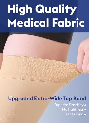 Thigh High Compression Stockings Closed Toe for Men & Women, Opaque, KEKING 15-20mmHg Graduated Compression Leg Support Hose with Silicone Band - Swelling, Varicose Veins, Edema, DVT, Beige Large