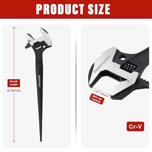 MAXPOWER 16-inch Adjustable Construction Spud Wrench, 4 in 1 Multifunctional Use for Spud Wrench, Adjustable Wrench and Hammer, Max Jaw Capacity Ups to 1.57"