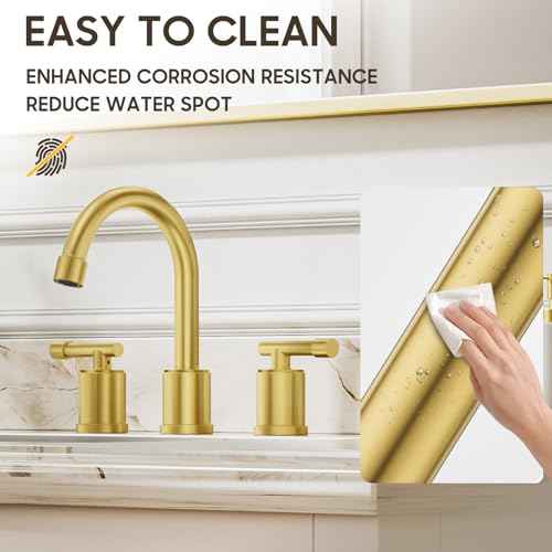 Phiestina Brushed Gold Widespread 8 Inch Bathroom Faucet£¬3 Holes 2 Handles Modern Bathroom Sink Faucet with Metal Pop-Up Drain & Water Supply Line,WFZY01-BG