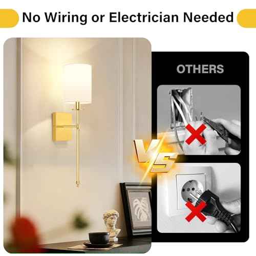 24.8 Inch Wall Sconces Battery Operated Set of 2, Rechargeable Wireless Wall Sconces Lights with Remote, Not Hardwired Dimmable Gold Wall Lamps with White Fabric Shade for Bedroom, 2 Bulbs Included