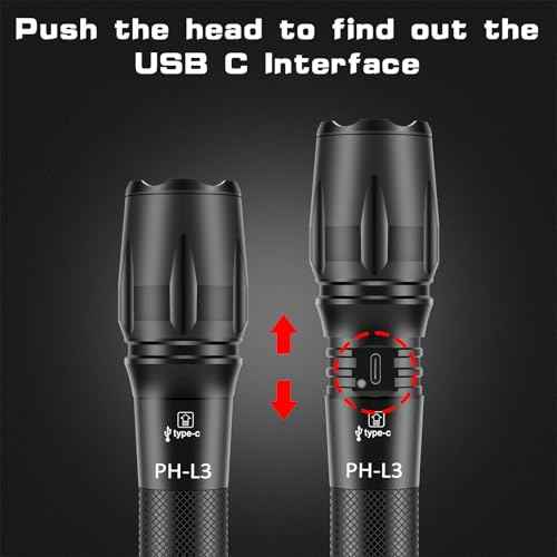 PHIXTON Rechargeable Flashlights High Lumens, USB C Chargeable LED Flashlight, Bright Strong Handheld Flash Lights, Long Lasting, Adjustable Focus, 5 Modes, for Emergencies Hiking Gift