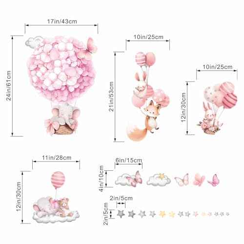 Animals Hot Air Balloon Wall Stickers - Elephant Bear Fox Wall Decals - Girls Bedroom Baby Nursery Kids Room Wall Decor