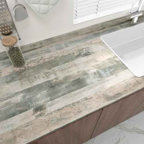 Wallercity Grey/Green Butcher Block Contact Paper Vintage Wood Grain Contact Paper Vinyl Wrap Countertop Peel and Stick Wood Wallpaper Self Adhesive Wooden Wallpapers for Cabinets Table 15.8''x78.7''