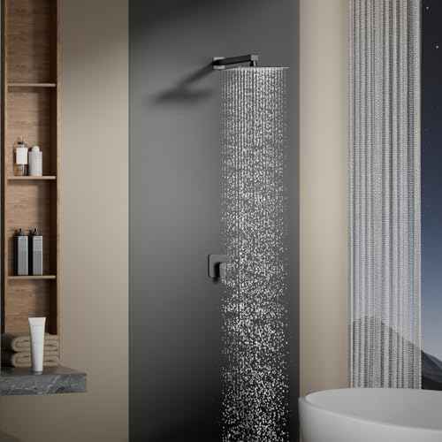 SOLVEX Shower Faucet Set Bathroom Rainfall Shower Faucet System Stainless Steel Single Handle with Rough-in Valve Shower Set 8 Inch High Pressure Rain Shower Head Trim kit SP-90101-N