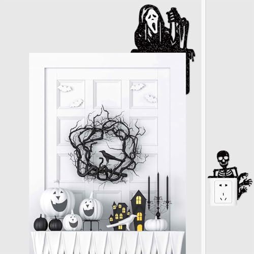 Removable 8 Pack Creative Halloween Switch Decal - Black Ghost Skeleton Witch Door Frame Wall Decorative Art Murals for Living Room Bedroom Bathroom Kitchen Light Switch Decor