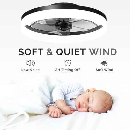 19.7 inch Low Profile Ceiling Fan with Lights and Remote, Fandelier Dimmable Ceiling Fan Flush Mount, 3000K-6500K Bladeless LED Fan Light for Bedroom,Dining Room and Kitchen (Black, 1 Pack)