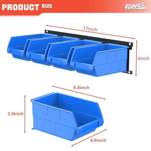 TORACK Wall-Mounted Storage Bins - 8 Plastic Bins & 2 Metal Tracks for Tools Organization in Garage, Craft Room, and Shop(Blue)