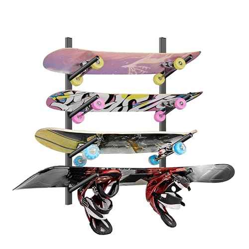 Skateboard Rack Wall Mount ? Skateboard Wall Hanger, Snowboard Display Wall Mount, Ski Holder | 4-Floor Skateboard & Ski & Snowboard Storage Rack | Snowboard & Ski Lover Gifts