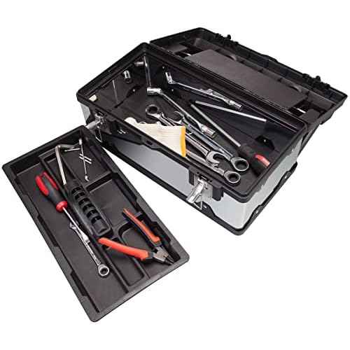 TCE 18-Inch Tool Box Stainless Steel&Plastic Portable Toolbox Storage Organizer with Long Handle and Removable Tray for Home Garage Workshop,A5519BU