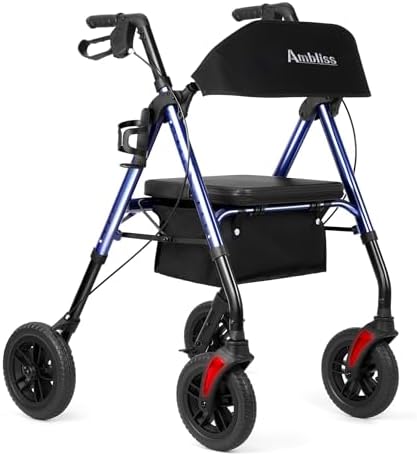 Amblisss Walkers for Seniors with Seat, Foldable Rollator Walkers, 300 lbs Weight Capacity, 8" Wheels Dual Height Ajustable, Rolling Walker with Seat for All-Terrain, Dark Blue