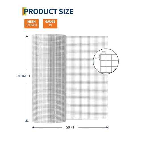 1/2 in 36 in x 50 ft Hardware Cloth, 19GA Chicken Wire Fencing, Galvanized Welded Wire Mesh Roll for Poultry Netting Cage, Chicken Coop, Silver (36"x50 ft Sliver)