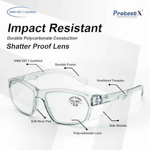 ProtectX Stylish Anti-Fog & Scratch-Resistant Safety Glasses With Readers, UV Protection Goggles, Anti-Impact Lightweight Glasses for Men£¦Women Charcoal Reading 2.5-2 Pack
