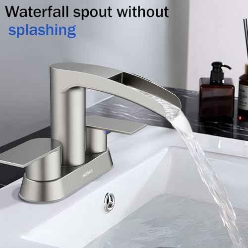 Bathroom Sink Faucet for 3 Hole, Hurran 4 Inch Bathroom Faucets with Pop-up Drain, Stainless Steel 2-Handle Waterfall Faucet for Sink, Brushed Nickel