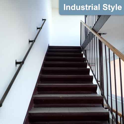 mapleway Pipe Stair Handrail, 14ft Railing for Indoor Steps Metal Staircase Hand Rail Industrial Iron Handle for Wall Mount Support, Black