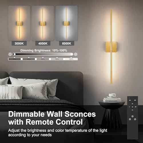 Battery Operated Wall Sconce Set of 2 - Wireless, 3000K-6000K, Dimmable, Remote and Touch Control, Timer, Removable Battery Compartment, Gold 24 Inch Modern Sconce for Bedroom, Living Room