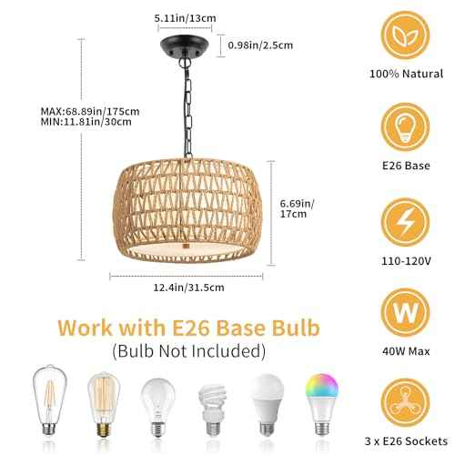 WILON 12.4'' 3-Light Rattan Chandelier with Fabric Shade, Dining Room Light Fixtures Over Table, Modern Boho Pendant Lights Kitchen Island Lighting, Farmhouse Rustic Drum Hanging Lamp with E26 Base
