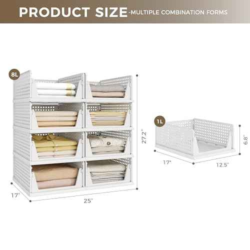 Pinkpum 8 Pack Closet Organizers and Storage Plastic Stackable Storage Bins, Foldable Drawer Shelf Storage Container for Wardrobe Kitchen Bathroom Dorm White
