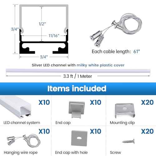 Muzata 10Pack 3.3FT/1M Spotless LED Channel with Hanging Wire No Hot Spots Silver Aluminum LED Strip Diffuser Channel with Milky White Cover U116 WW 1M