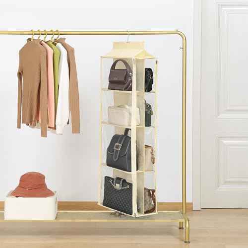 8 Grids in 1 Pack Hanging Purse Handbag Organizer with Double Zippers, Visible Purse Organizer for Closet, Fully Enclosed Purse Storage Holder-Beige