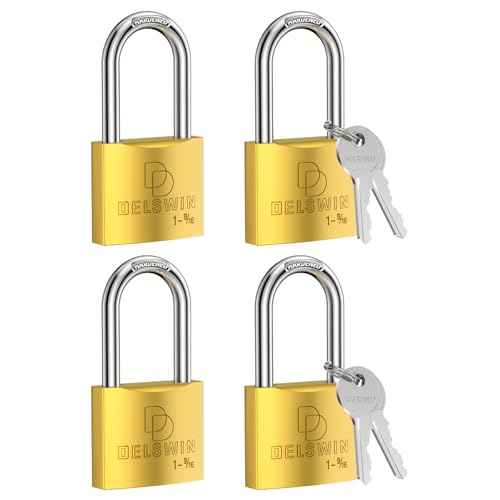 DELSWIN Weatherproof Padlock with Key (Keyed Alike) - Heavy Duty Solid Brass Locker Lock with 1-9/16" Long Shackle, Marine Grade Pad Lock for Outdoor Gate, Fence, Shed (4 Pack)