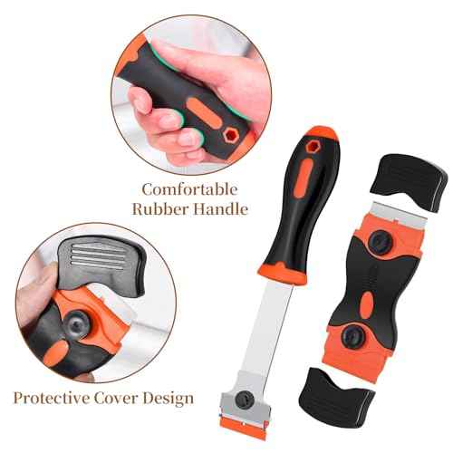 Wesoke 2 Pcs Glass Scraper Tool for Window, Double Edged Window Razor Blade Scraper, Long Handle Cleaning Scraper Tools with 10 Metal & 10 Plastic Blades for Paint, Sticker, Wallpaper, Floors, Orange