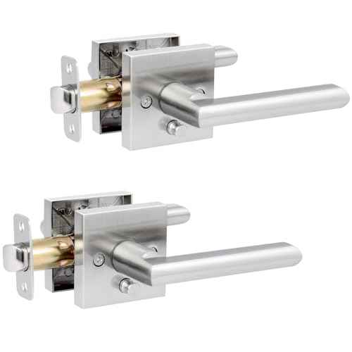 HOSOM 2 Pack Privacy Door Handles with Lock for Bedroom and Bathroom Satin Nickel Keyless Interior Door Knobs Reversible Square Door Locks
