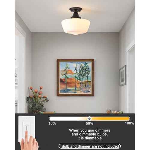 Schoolhouse Light Fixture, 12 Inch Black Finish with Milk Glass Semi Flush Mount Ceiling Light, Ceiling Light Fixture for Kitchen Hallway Entryway
