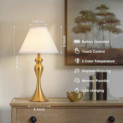 Cordless Bedside Lamp for Living Room, Table Lamp for Bedroom, 3-Way Dimmable Nightstand Lamp with Fabric Shade, Rechargeable Touch Led Desk Lamp Battery Operated Lamp for Dorm, Home Office (Brass)