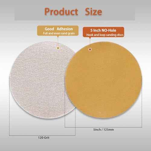waltyotur 100Pcs Hook and Loop Sanding Discs 5 Inch NO-Hole 120-Grit Sandpaper Sanding Discs Hook and Loop Backing Aluminum Oxide Round Sandpaper for Polishing Accessories