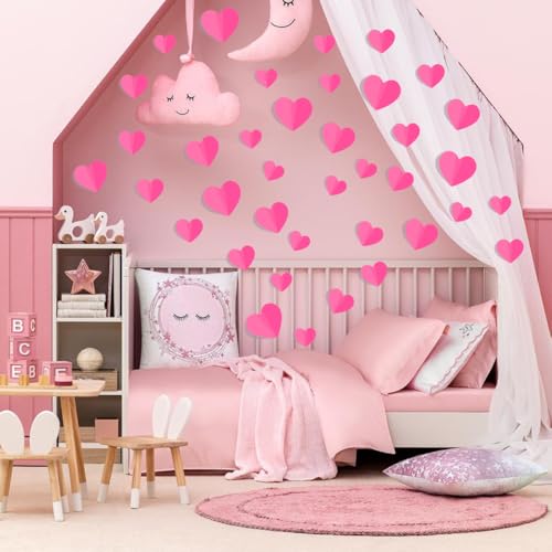 JOICEE 100 PCS 3D Pink Heart Valentine Day Wall Stickers,Waterproof Removable Love Heart Wall Decorations for Bedroom Wedding Anniversary Party Holiday Decor,4 Different Sizes