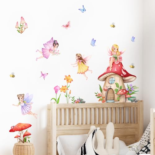 Supzone Mushroom House Fairy Wall Decals Elf Flowers Butterflies Wall Stickers Peel and Stick Vinyl Wall Art Decor for Girls Baby Nursery Bedroom Living Room