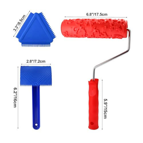 Wood Graining Tool Set, 3 Pcs 7" Fake Wood Grain Roller Painting Tool with Handle DIY Rubber Graining Tool Paint Look Like Wood On All Surfaces, Texture Roller