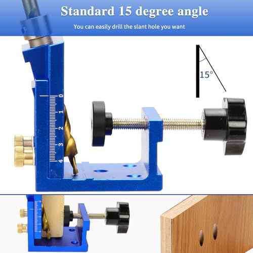 Pocket Hole Jig Kit, Metal Pocket Screw Jig 15 Degree Drilling Locator,Pocket Dowel Hole Jig System Set Wood Joint Angle Tool (Blue)